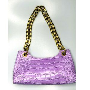 Purple Faux Leather Crocodile Shoulder Purse, Clutch Handbag with Chain